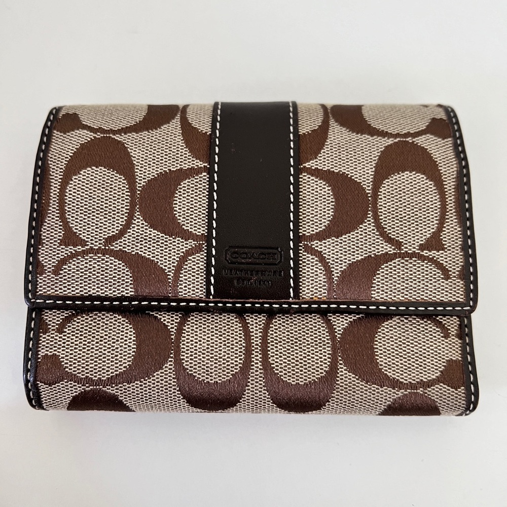 Coach Signature Canvas Leather Trim Flap Zip Wallet Clutch